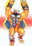  abs anthro armor armpits balls biceps claws cum cum_on_penis digimon dinosaur erection horn iceman1984 male manly mask muscular nude pecs penis precum raised_arm sharp_claws solo standing thick_penis thick_thighs toe_claws vein veiny_legs veiny_penis wargreymon 