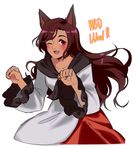  akiyoku animal_ears blush brown_hair colorized dark_skin dress fang imaizumi_kagerou long_hair long_sleeves looking_at_viewer nail_polish one_eye_closed open_mouth red_eyes simple_background sketch smile solo text_focus touhou white_background wide_sleeves wolf_ears 