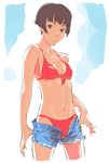  bikini breasts brown_eyes brown_hair cropped_legs cutoffs denim denim_shorts front-tie_top gake_no_ue_no_ponyo highres lisa_(ponyo) looking_at_viewer navel open_clothes open_fly open_shorts parted_lips red_bikini short_hair short_shorts shorts sketch small_breasts solo standing swimsuit tombiiwa 
