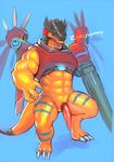  abs anthro armor barefoot claws clothed clothing cum cum_string digimon dinosaur horn iceman1984 looking_at_viewer male mask nude orgasm pecs penis risegreymon sharp_claws sharp_teeth solo standing teeth toe_claws tongue tongue_out vein veiny_penis wings 