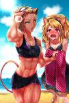  abs animal_ears bad_id bad_pixiv_id bangs beach blonde_hair blush cheety_(show_by_rock!!) cloud crying day dress goggles goggles_on_head highres laina_(show_by_rock!!) lion_ears lion_tail long_hair multiple_girls muscle muscular_female ocean omutsu_(shina94) open_mouth outdoors red_eyes short_hair show_by_rock!! sky swimsuit tail tears thighs towel wet yellow_eyes 