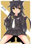  animal_ears black_hair black_serafuku blush cat_ears crescent highres kantai_collection kemonomimi_mode kneeling long_hair mikazuki_(kantai_collection) necktie open_mouth pepatiku school_uniform serafuku skirt solo white_neckwear yellow_eyes 