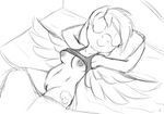  2013 anthro anthrofied bottomless breasts clothed clothing cutie_mark equine eyes_closed feathered_wings feathers female friendship_is_magic lying mammal monochrome my_little_pony nipples on_back pegasus pussy rainbow_dash_(mlp) shirt signature sketch smile solo tg-0 wings 