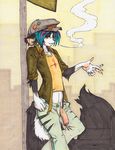  2015 anthro black_fur blue_hair cigarette clothing ear_piercing fur hair half-erect hat hi_res humanoid_penis jacket jeans korki male mammal midriff multicolored_fur multicolored_hair pants partially_retracted_foreskin penis piercing public purple_hair shirt skunk slim smoke smoking sneakerfox solo torn_clothing uncut unzipped vein veiny_penis white_fur 