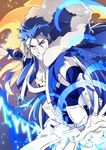  blue_hair cowboy_shot cu_chulainn_(fate/grand_order) fate/grand_order fate_(series) grin highres hood kon_manatsu lancer long_hair looking_at_viewer male_focus red_eyes robe runes smile solo 