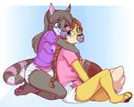  &lt;3 4_toes black_fur black_hair blue_eyes brown_hair brown_nose canine clothed clothing diaper female fur green_eyes hair hug kneeling mammal one_eye_closed pacifier partially_clothed red_nose shirt simple_background sitting smile strawberryneko toes yellow_fur 