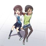  andou_saki bad_id bad_pixiv_id black_hair black_legwear brown_eyes brown_hair chair dark_skin deepa_mitra hair_bun indian kneehighs long_hair looking_at_viewer multiple_girls name_tag new_horizon open_mouth pantyhose shoes shorts sitting skirt smile sweater syego twitter_username uwabaki 