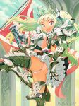  armor ass blonde_hair blue_eyes crown fang flag gauntlets hair_ornament open_mouth smile solo tan tanline twintails watermark zasha 