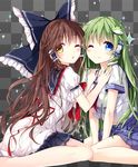  alternate_costume blue_eyes blush bow brown_eyes brown_hair capelet contemporary dress frog_hair_ornament green_hair hair_bow hair_ornament hair_tubes hakurei_reimu hands_on_another's_shoulders kochiya_sanae long_hair looking_at_viewer mochizuki_shiina multiple_girls neckerchief one_eye_closed open_mouth pleated_skirt puffy_short_sleeves puffy_sleeves school_uniform serafuku shirt short_sleeves sitting skirt smile snake_hair_ornament sparkle touhou v_arms very_long_hair wariza white_dress 