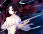  broken broken_sword broken_weapon brown_hair earrings jewelry kashuu_kiyomitsu kuroaki male_focus mole mole_under_mouth nail_polish open_clothes open_shirt red_eyes red_nails scarf shirt solo sword touken_ranbu upper_body weapon 