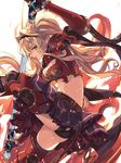  armor armored_boots ass bangs belt black_legwear black_panties blonde_hair blue_eyes boots braid breasts cleavage crop_top eredhen frilled_skirt frills from_side gauntlets granblue_fantasy hair_ornament hairband holding holding_weapon leg_up light_particles long_hair looking_at_viewer medium_breasts midriff miniskirt navel panties pantyshot pauldrons profile red_armor revision skirt solo sweat thigh_boots thighhighs twintails underwear upskirt weapon zeta_(granblue_fantasy) 