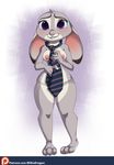  2016 anthro areola blithedragon blush breasts buckteeth disney female fur grey_fur hi_res judy_hopps lagomorph long_ears looking_at_viewer mammal necktie nipples purple_eyes rabbit simple_background smile solo teeth zootopia 