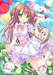  :3 apron bad_id bad_pixiv_id balloon basket bird blush bow bowtie breasts brown_hair bunny buttons chestnut_mouth chick cloud cloudy_sky cupcake day dress easter easter_egg egg flower food food_on_face frilled_dress frills green_eyes hair_between_eyes hair_bow hair_ornament hairclip hat hat_bow heart highres holding holding_food kohinata_hoshimi long_hair medium_breasts mini_hat mini_top_hat open_mouth original shoes short_sleeves sky solo sparkle standing standing_on_one_leg thighhighs top_hat underbust wrist_cuffs 
