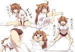  :d ^_^ all_fours anger_vein ass brown_hair chibi closed_eyes exercise gym_uniform hairband horizontal_bar ishii_hisao kantai_collection kongou_(kantai_collection) long_hair multiple_views no_shoes open_mouth pullups shirt smile stretch top-down_bottom-up translated upshirt 