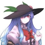  ahoge black_hat blue_hair blush bow bowtie eyebrows eyebrows_visible_through_hair food frown fruit hat hat_leaf hinanawi_tenshi long_hair looking_at_viewer miata_(miata8674) one_eye_covered peach puffy_short_sleeves puffy_sleeves red_bow red_eyes red_neckwear short_sleeves simple_background solo touhou upper_body white_background 