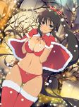  ahoge ass_visible_through_thighs bare_tree blue_eyes blush bow bra breasts brown_hair capelet checkered checkered_bow christmas_lights cleavage dutch_angle fur_trim groin hair_bow highres holly homura_(senran_kagura) huge_breasts long_hair navel official_art open_mouth outdoors panties ponytail red_bra red_legwear red_panties santa_costume senran_kagura side-tie_panties snow solo tan tanline thigh_gap thighhighs tree underwear very_long_hair yaegashi_nan 