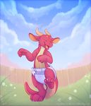  anthro applepup claws cloud cub diaper dragon eyes_closed fence grass happy horn male open_mouth red_scales scales sky solo teeth tongue watermark young 