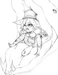  1girl boots camel_(dansen) chrono_(camel) fangs female giant_snake leggings monochrome monocle neck_ribbon open_mouth original simple_background sketch snake striped_legwear top_hat vore 