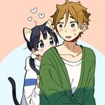  1girl animal_ears black_hair blue_eyes brown_eyes brown_hair cat_ears cat_tail couple hetero kitashirakawa_tamako long_hair low_twintails momose_(oqo) ooji_mochizou short_hair tail tamako_market twintails 