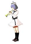  frilled_shirt_collar frilled_skirt frills full_body hat highres image_sample instrument kneehighs lavender_eyes lavender_hair long_sleeves merlin_prismriver mushroom_(osh320) music pixiv_sample playing_instrument short_hair simple_background skirt solo touhou trumpet white_background white_skirt 