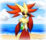  beach beverage big_ears cloud cup delphox eyewear female food fruit fur glasses ice lime looking_at_viewer nintendo open_mouth pok&eacute;mon red_eyes sand sea seaside sky solo straw teeth tongue tre_pinkney video_games water watermark yellow_fur 