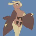  anthro areola avian beak big_breasts bird breasts brown_fur erect_nipples feathered_wings feathers female fur half-closed_eyes looking_at_viewer nintendo nipples noctowl nude owl pok&eacute;mon posexe presenting pussy red_eyes side_boob simple_background solo standing video_games white_sclera wings 
