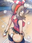  1girl ass ass_shake backboob bare_arms between_buttocks bike_shorts blush bow bracelet breasts brown_hair butt_crack erect_nipples exhibitionism from_behind hair_bow haruka_(pokemon) highres holding large_breasts legs long_hair looking_back multicolored_eyes nekoshi open_mouth pokeball pokemon sleeveless smile solo standing sweat thighs 