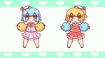  &gt;_&lt; :3 :d =_= alternate_costume animated animated_gif arm_up bat_wings blonde_hair bloomers blue_hair blush bow bow_panties bowtie cheering cheerleader chibi closed_eyes fang flandre_scarlet green_background hat heart leg_up maitora mob_cap multiple_girls open_mouth panties pom_poms red_bow red_eyes red_neckwear remilia_scarlet short_hair side_ponytail simple_background sleeveless smile touhou underwear v-shaped_eyebrows white_background wings xd 