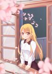  absurdres apollo_(hu_maple) blonde_hair blouse blurry cherry_blossoms depth_of_field from_outside hand_rest highres long_hair long_sleeves looking_at_viewer looking_out_window open_window original petals red_eyes skirt smile solo tree_branch window 