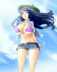  1girl belt bikini_top blue_hair blue_sky breasts cleavage evil-dei female hat huge_breasts hyuuga_hinata midriff naruto naruto_shippuuden open_shirt purple_eyes short_shorts sky solo sun_hat 