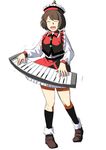  brown_hair closed_eyes frilled_shirt_collar frilled_skirt frills full_body hat highres image_sample instrument keyboard_(instrument) kneehighs long_sleeves lyrica_prismriver mushroom_(osh320) music open_mouth pixiv_sample playing_instrument red_skirt short_hair simple_background skirt solo touhou white_background 