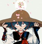  armor bandages blue_hair flower hat japanese_armor japanese_clothes kote l_hakase looking_at_viewer lowres male_focus open_mouth petals sayo_samonji solo touken_ranbu upper_body 