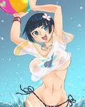  :d arms_up ball beachball bikini bikini_bottom black_bikini_bottom black_hair blue_eyes bouncing_breasts breasts covered_nipples cowboy_shot flower groin hair_flower hair_ornament jason_robinson jewelry large_breasts looking_at_viewer navel necklace nipples open_mouth see-through senran_kagura shirt short_hair side-tie_bikini smile solo swimsuit water wet wet_clothes wet_shirt whale white_shirt yozakura_(senran_kagura) 