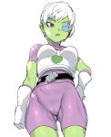  1girl ass_visible_through_thighs azuse_neko belt black_belt breasts cheelai covered_collarbone cowboy_shot dragon_ball dragon_ball_super dragon_ball_super_broly eyebrows_visible_through_hair from_below gloves green_skin hand_on_hip jumpsuit legs_apart looking_at_viewer medium_breasts open_mouth purple_eyes scouter short_hair short_sleeves simple_background solo turtleneck white_background white_gloves white_hair 