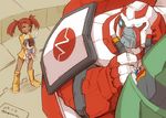  1girl android autobot boots dark_skin dress glowing hair_ornament kamizono_(spookyhouse) machinery mecha ratchet red_eyes red_hair repairing sari_sumdac science_fiction short_hair smile tools transformers transformers_animated twintails 