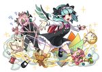  1girl ? astaroth_(p&amp;d) backpack bag bow buttons cauchemar_(p&amp;d) character_doll demon demon_girl dress dust fabric green_hair hairband highres holding_needle horns kozakura_(dictionary) long_hair looking_at_viewer mary_janes medjedra needle open_mouth pentagram pink_hair purple_eyes puzzle_&amp;_dragons ruler safety_pin sewing_needle shoes short_hair shynpy spool sweatdrop tamadra tape_measure thread twintails wings 
