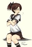  artist_name brown_eyes brown_hair commentary_request dated hair_ribbon hand_on_own_chest kantai_collection masamori_ikemo open_mouth ponytail ribbon school_uniform serafuku shikinami_(kantai_collection) short_hair sitting skirt solo 