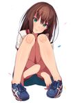  bare_legs blue_footwear blue_shorts blush brown_hair closed_mouth confetti crossed_arms erere full_body green_eyes head_tilt idolmaster idolmaster_cinderella_girls knees_together_feet_apart knees_up legs long_hair looking_at_viewer pigeon-toed puffy_short_sleeves puffy_sleeves shibuya_rin shirt shoelaces shoes short_sleeves shorts sitting smile solo tareme white_shirt 