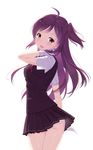  :d ahoge bad_id bad_pixiv_id black_skirt blouse breasts brown_eyes cnm from_side gloves hagikaze_(kantai_collection) highres kantai_collection long_hair looking_at_viewer looking_back medium_breasts one_side_up open_mouth pleated_skirt purple_hair school_uniform simple_background skirt smile solo vest white_background white_blouse white_gloves wind wind_lift 