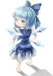  :d bad_id bad_perspective bad_pixiv_id barefoot blue_dress blue_eyes blue_hair bow cirno dress from_behind full_body grin hair_bow hands_on_hips ice ice_wings legs light looking_back maru_daizu_(aqua6233) open_mouth shiny shiny_hair shirt simple_background sleeveless sleeveless_dress smile smirk solo touhou transparent_wings v-shaped_eyebrows white_background white_shirt wings 