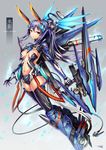  breasts cleavage gia headgear highres long_hair mecha_musume medium_breasts original purple_hair red_eyes solo tail thighhighs weapon 