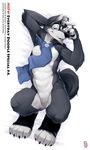  2016 anthro armpits black_fur blue_eyes canine disney fur grey_fur looking_at_viewer lying male mammal multicolored_fur on_back pinup pose raised_arm scarf seductive smile solo white_fur wolf wolver_mustang zootopia 