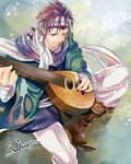  arslan_senki artist_name bad_id bad_pixiv_id bandages blue_eyes boots earrings gieve headband highres instrument jewelry male_focus purple_hair scarf sitting solo uooper 