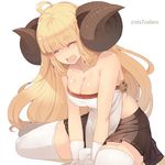  ahoge anila_(granblue_fantasy) artist_name bangs bare_arms bare_shoulders blonde_hair blunt_bangs blush breasts brown_skirt cleavage closed_eyes crying draph eyebrows eyebrows_visible_through_hair gloves granblue_fantasy horns large_breasts long_hair pleated_skirt ribbon-trimmed_skirt ribbon_trim shiny shiny_skin simple_background skirt solo spread_legs strapless sts teardrop tears thick_eyebrows thighhighs very_long_hair white_background white_gloves white_legwear zettai_ryouiki 