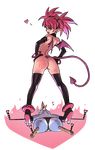  1girl :d ass back bat_wings black_gloves black_legwear boots demon_girl demon_tail demon_wings disgaea earrings elbow_gloves etna femdom gloves hands_on_hips heart high_heel_boots high_heels highres jewelry looking_at_viewer looking_back makai_senki_disgaea monster_girl nude open_mouth pointy_ears prinny pussy_juice red_eyes red_hair simple_background slap_mark smile spanked tail thigh_boots thighhighs thong twintails typo_(requiemdusk) wings 