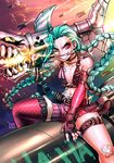  aqua_hair bandolier braid bullet fingerless_gloves flat_chest gloves grenade_pin grin jewelry jinx_(league_of_legends) kenron_toqueen league_of_legends lips long_hair mouth_hold necklace pink_eyes rocket rocket_launcher shorts single_thighhigh smile solo straddling tattoo thighhighs twin_braids very_long_hair weapon 