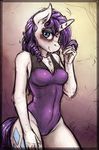  2016 anthro anthrofied bantha blue_eyes blush clothed clothing equine female friendship_is_magic fur hair hi_res horn long_hair looking_at_viewer mammal my_little_pony one-piece_swimsuit purple_hair rarity_(mlp) smile solo swimsuit unicorn white_fur 