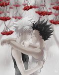  2boys berry black_hair child eyes_closed gon_freecss hug hunter_x_hunter killua_zoldyck male_focus multiple_boys rowan shailo short_hair sleeveless_shirt standing wet white_hair yaoi 