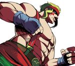  abs alex_(street_fighter) blonde_hair clenched_hand clothes_around_waist facepaint fingerless_gloves from_below gloves headband kome_(kakalow) long_hair male_focus muscle shaded_face shirt_around_waist shirtless solo street_fighter street_fighter_v suspenders 