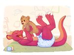  anthro applepup block claws cub cute diaper dragon eyes_closed happy horn lying male open_mouth red_scales rug scales solo teddy_bear teeth tongue young 